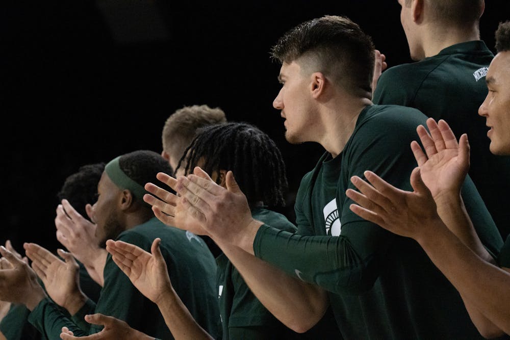 <p>The MSU bench cheering during the Notre Dame v. MSU game held at the Joyce Center on November 30, 2022. The Spartans lost to the Fighting Irish 52 -70.</p>