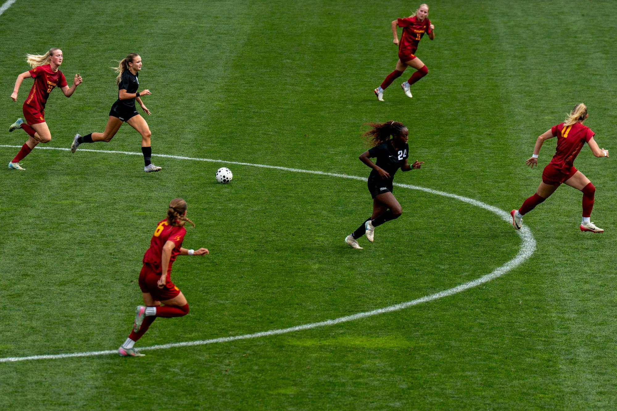 <p>MSU midfielder, Emerson Sargeant (19), runs down the field during the MSU versus USC women's soccer game at Michigan State University's DeMartin Soccer Stadium on Sunday, Sept. 21, 2025.</p>