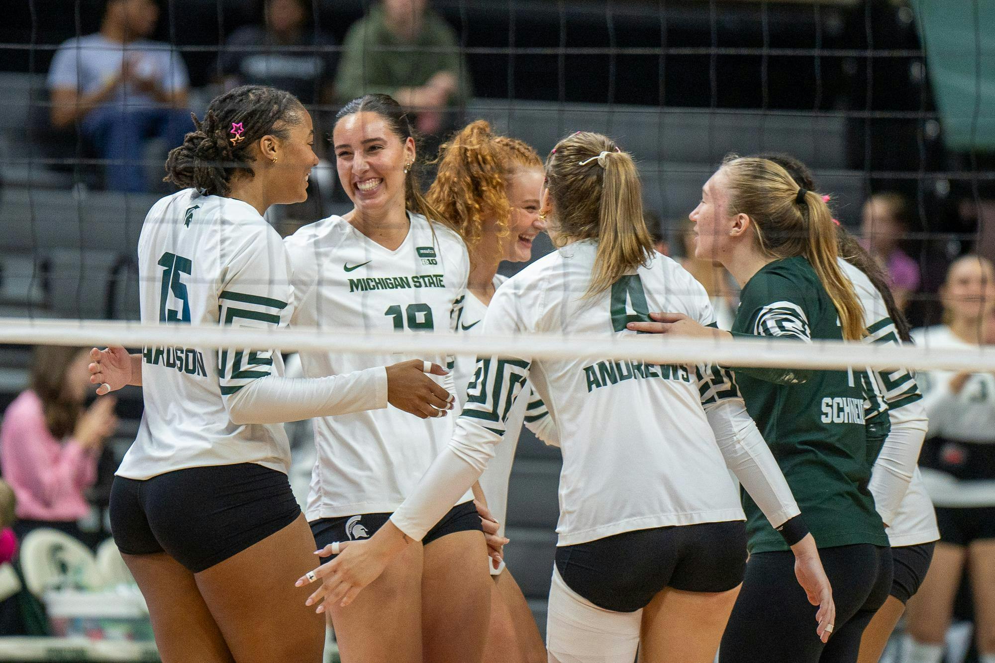 <p>The Michigan State volleyball team cheers after winning a point during the Michigan State vs. Iowa volleyball game at  Breslin Center in East Lansing, Mich., on Sunday, Oct. 11, 2026.</p>
