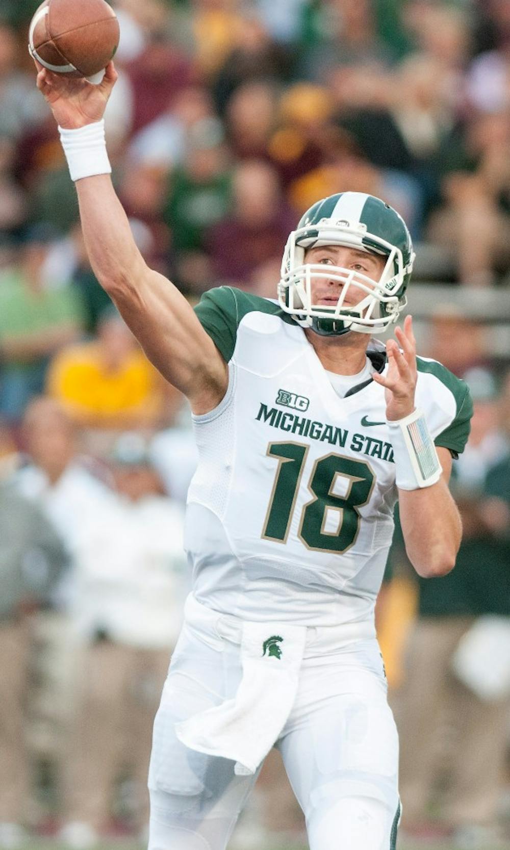 <p>Then-redshirt freshman Connor Cook passes the ball. The Spartans defeated the Chippewas, 41-7, on Saturday, Sept. 8, 2012, at Kelly/Shorts Stadium in Mount Pleasant, Mich.</p>
