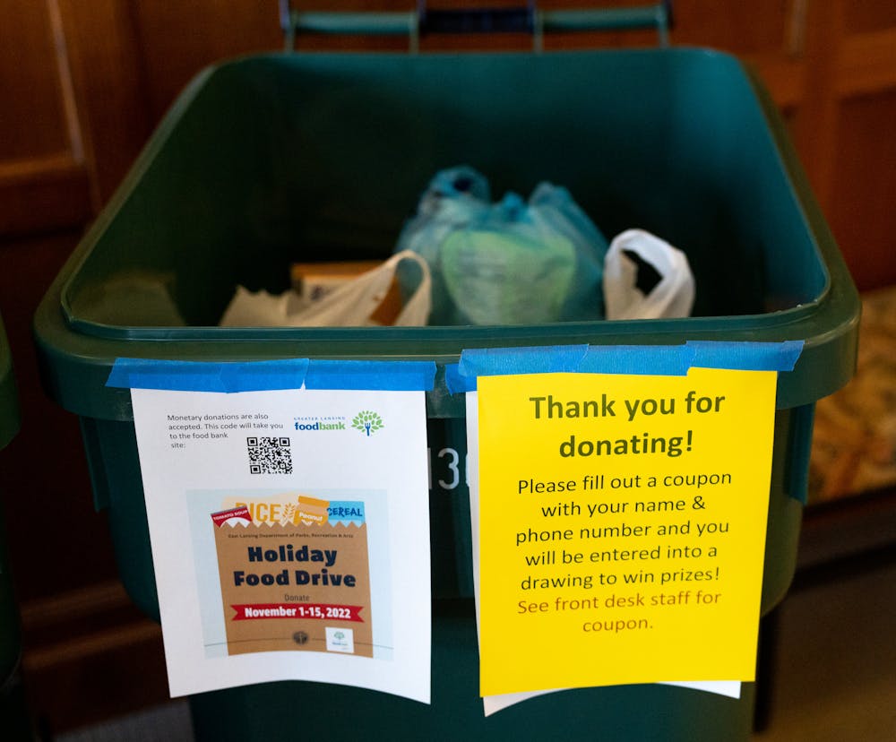 The East Lansing Department of Parks, Recreation and Arts and the East Lansing Food Bank host a holiday food drive from Nov. 1 - 15. As of Nov. 2, 2022, these are the non-perishables that have been dropped off by the community in these bins at the East Lansing Community Center. 