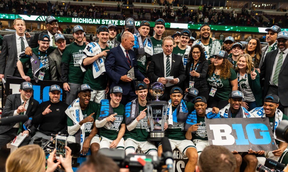 <p>The MSU Men&#x27;s Basketball Team poses with the Big 10 Tournament Championship trophy. The Spartans beat the Wolverines, 65-60, at the United Center on March 17, 2019.</p>