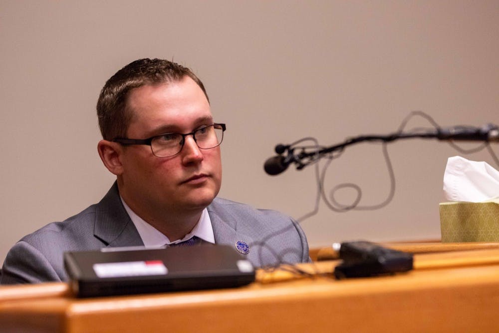 Special agent with the Attorney General's office Brian Laity testifies during the preliminary hearing for former MSU dean William Strampel on June 5, 2018 at the 54B District Court. Laity did computer analytics for the AG's office. Strampel is charged with four criminal charges including a fourth-degree criminal sexual conduct charge and a felony count of misconduct in office.