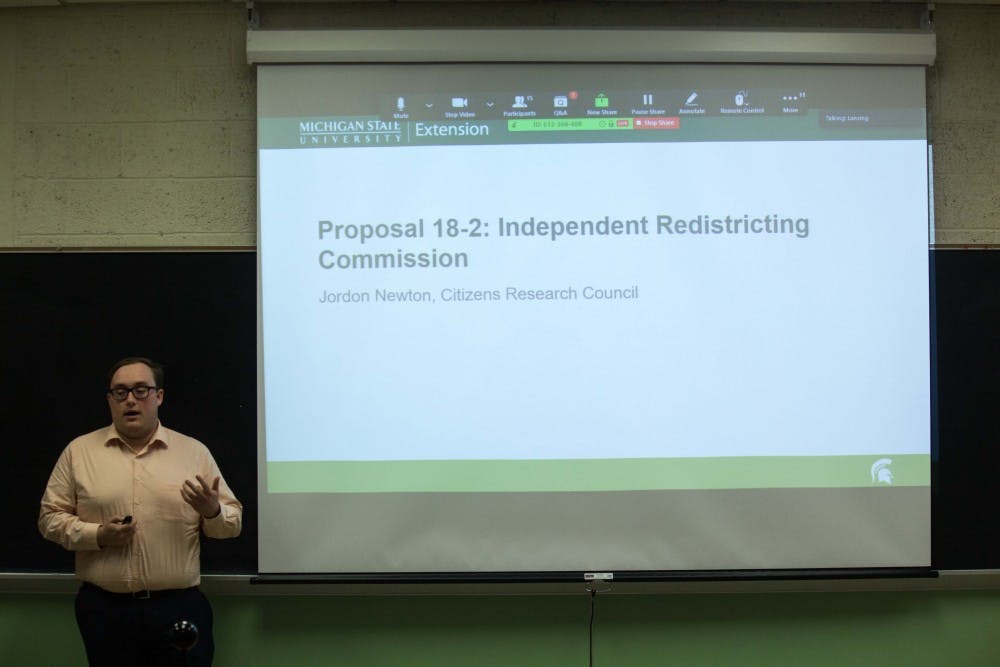 <p>Member of Citizens Research Council of Michigan Jordan Newton talks about proposals on the 2018 ballot on Oct. 23.</p>