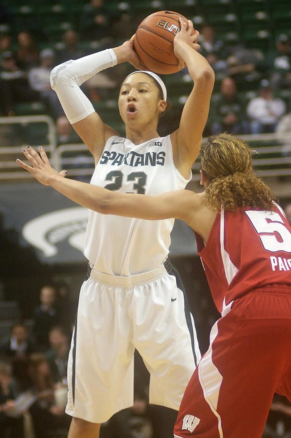 	<p>Redshirt freshman Aerial Powers looks for an open teammate Jan. 30, 2014, during a game against Wisconsin at Breslin Center. Erin Hampton/ The State News</p>