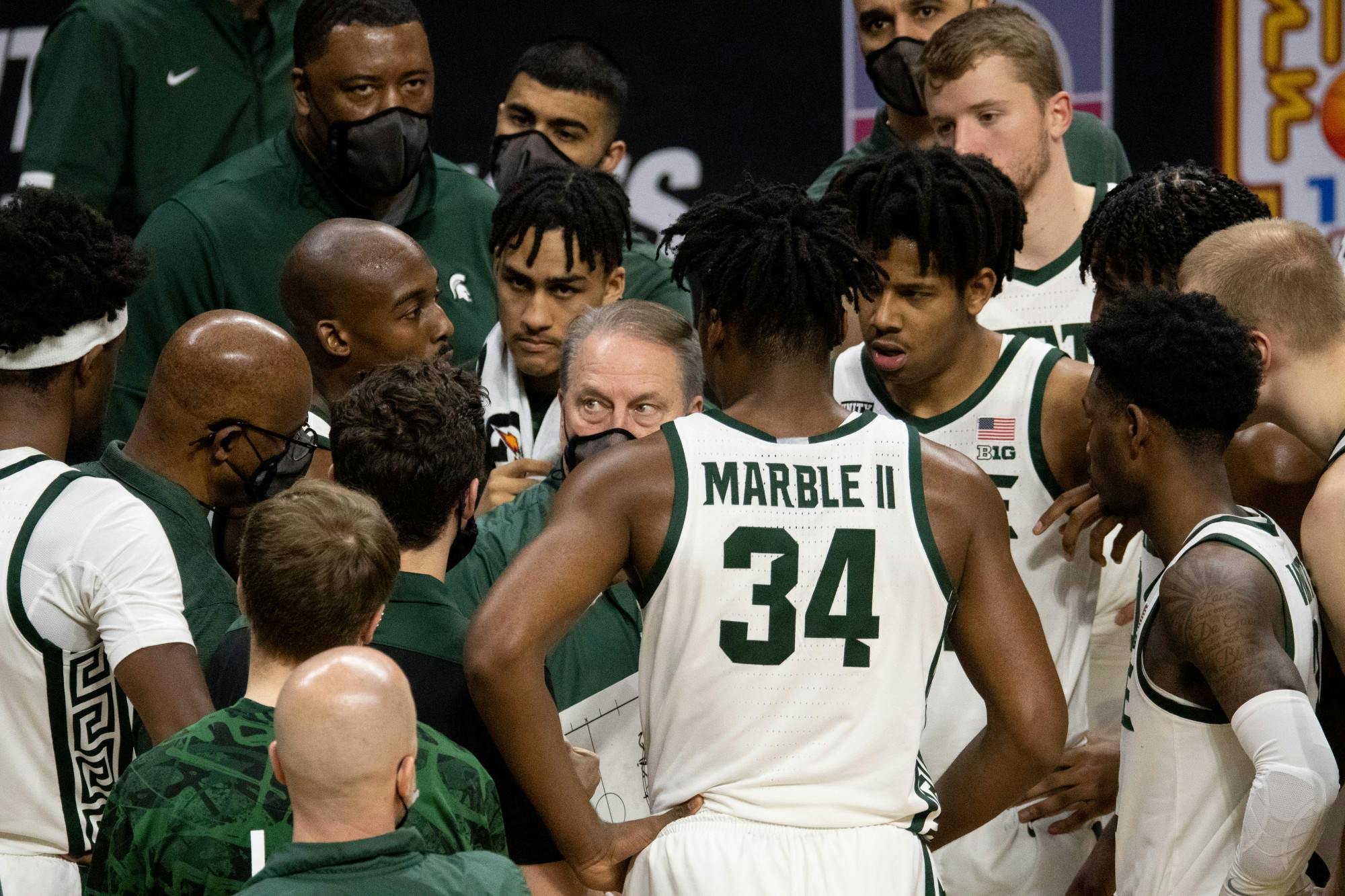 <p>MSU strategizes during halftime in a game against OSU on Feb. 25, 2021.</p>