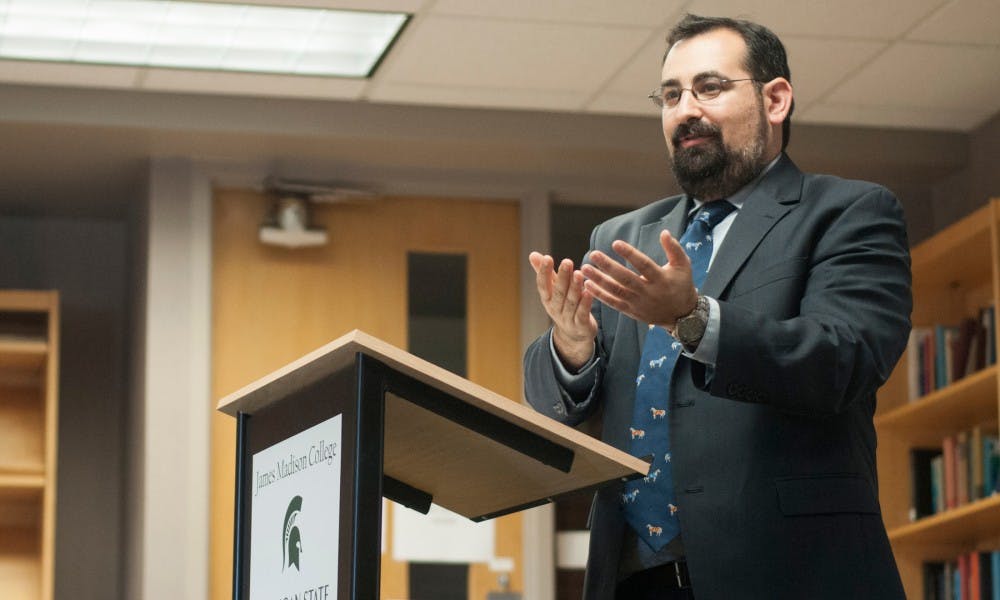 <p>Joe Cohn, legislative and policy director of the Foundation for Individual Rights in Education, speaks about the First Amendment on Constitution Day on Sept. 17, 2015, at Case Hall.</p>