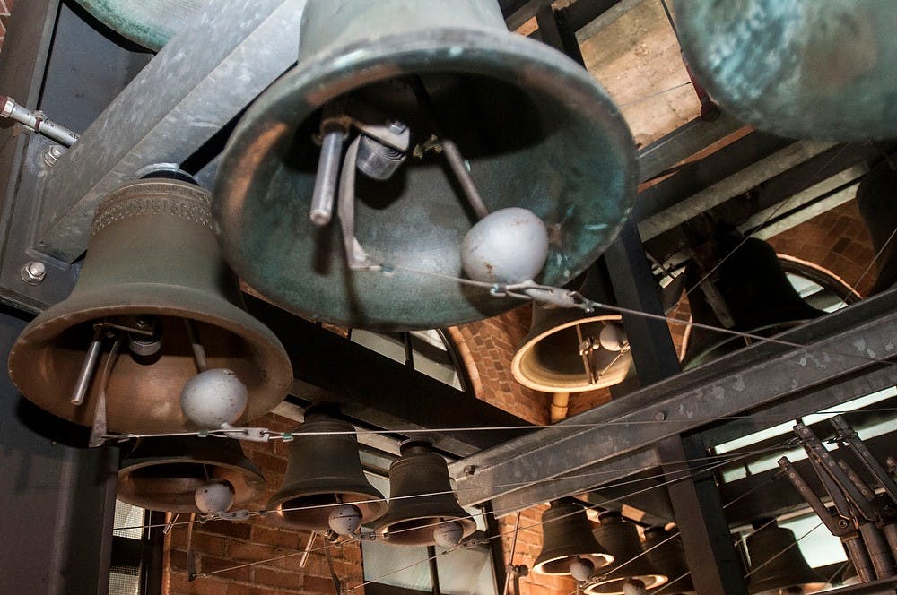 	<p>Some of the bells toll Oct. 8, 2013, at Beaumont Tower. <span class="caps">MSU</span>&#8217;s carillon has 49 bells, with the largest one weighing 2.5 tons. Margaux Forster/The State News</p>