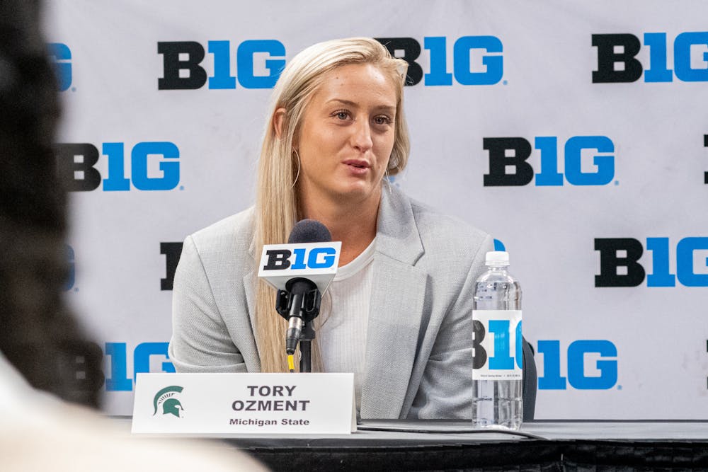 <p>MSU Senior guard Tory Ozment speaks to the media at Big Ten media day at Gainbridge Fieldhouse in Indianapolis, Ind. on Oct. 8, 2021.</p>