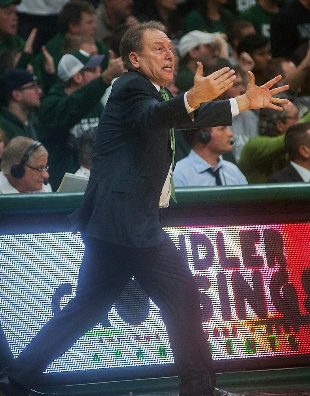 <p>Head coach Tom Izzo reacts to a play during the game against Maryland on Dec. 30, 2014, at Breslin Center. The Spartans were defeated by the Terrapins, 68-66 in double overtime. Danyelle Morrow/The State News</p>