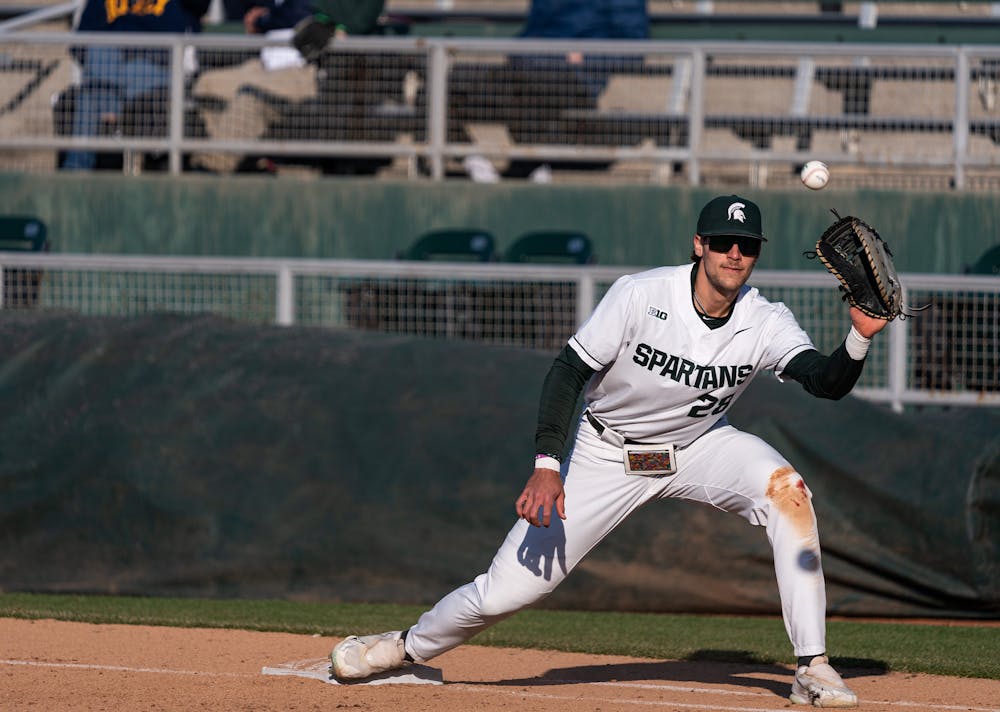 <p>First Baseman, Brock Vradenburg, making the catch to secure MSU with a decisive out to start the first inning at Jackson Field on April 7, 2023.</p>