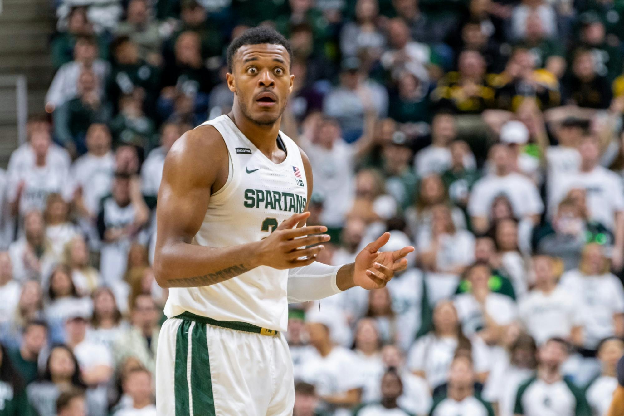 <p>Junior forward Xavier Tillman Sr. reacts to a foul called against him during a game against Iowa. The Spartans defeated the Hawkeyes, 78-70, at the Breslin Student Events Center on Feb. 25, 2020. </p>