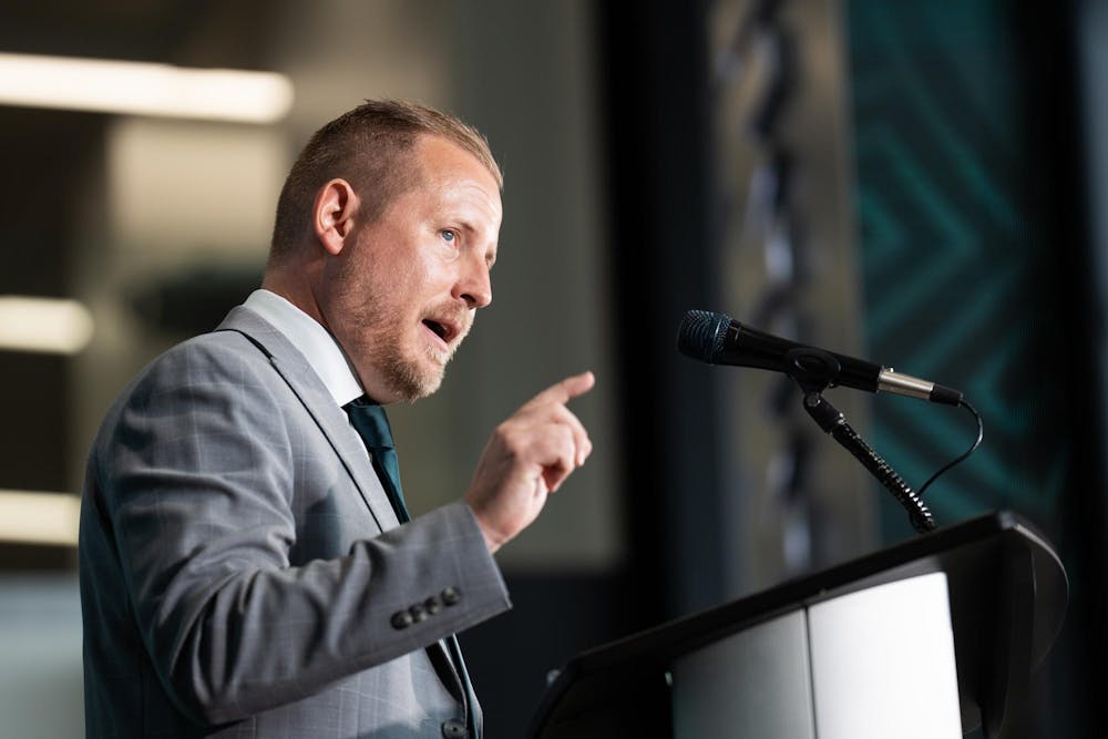 <p>Michigan State University's new vice president and athletic director, Dan Bartholomae, speaks at a press conference in the Breslin Center in East Lansing, Mich., on Aug. 19, 2026.</p>