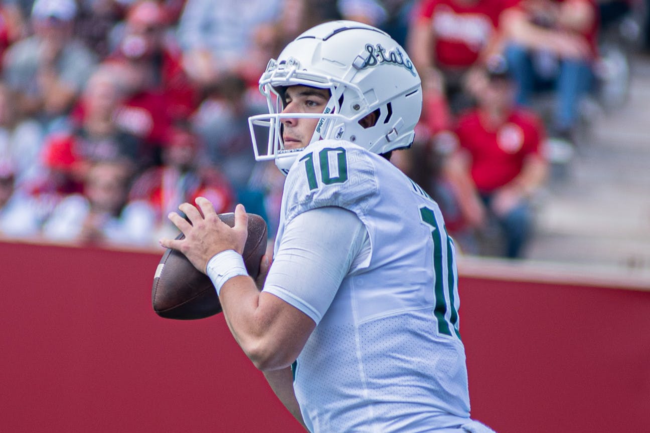 <p>Redshirt sophomore quarterback Payton Thorne prepares to throw the ball. The Spartans found a way to hold on against the Hoosiers with a 20-15 win, scraping to their first 7-0 start since 2015 on Oct. 16, 2021.</p>