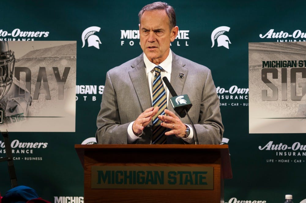 Head Coach Mark Dantonio answers a reporters question on Feb. 1, 2017 at Spartan Stadium. Dantonio gave a press conference about National Signing Day.