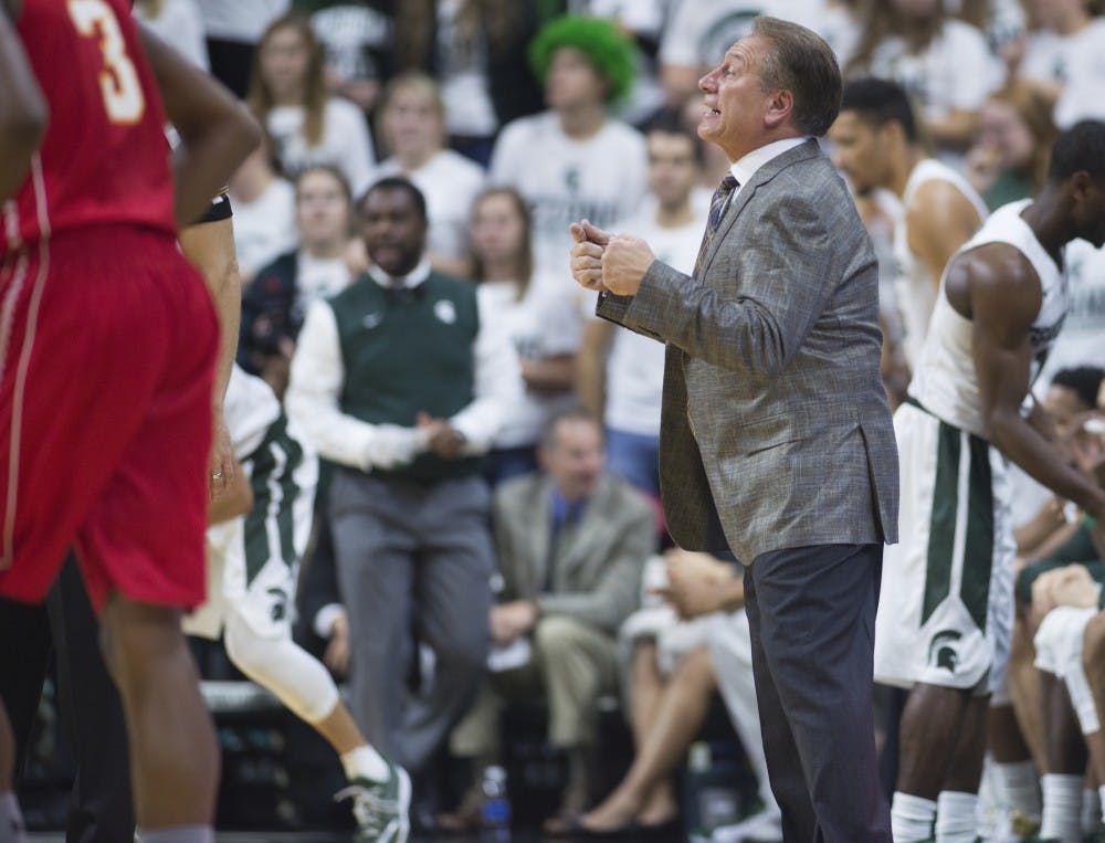 <p>Head coach Tom Izzo yells to his players on the court on Nov. 9, 2015 during the second half of the game against Ferris State at Breslin Center. The Spartans defeated the Bulldogs, 93-57. </p>