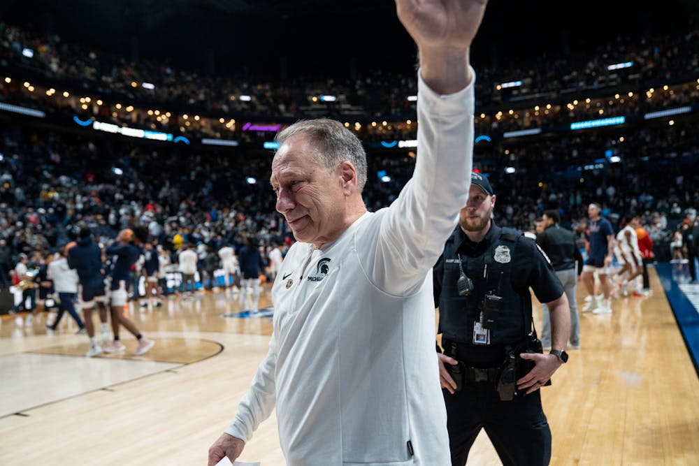 <p>Michigan State head men's basketball coach Tom Izzo thanks fans at Nationwide Arena on March 19, 2023, during the second round of the NCAA tournament. Michigan State defeated Marquette 69-60 to advance to the Sweet 16.</p>
