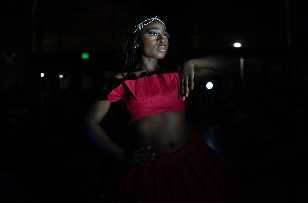 <p>A model poses at N-Crowd magazine’s spring fashion show at Dem Hall on April 6, 2024.&nbsp;</p>