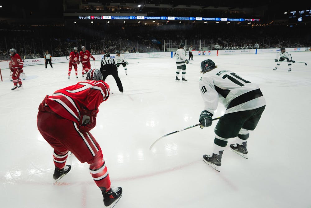 MSU senior defenseman Owen West (11) stands ready at the Munn Area in East Lansing, MI, on Feb. 27, 2026.
