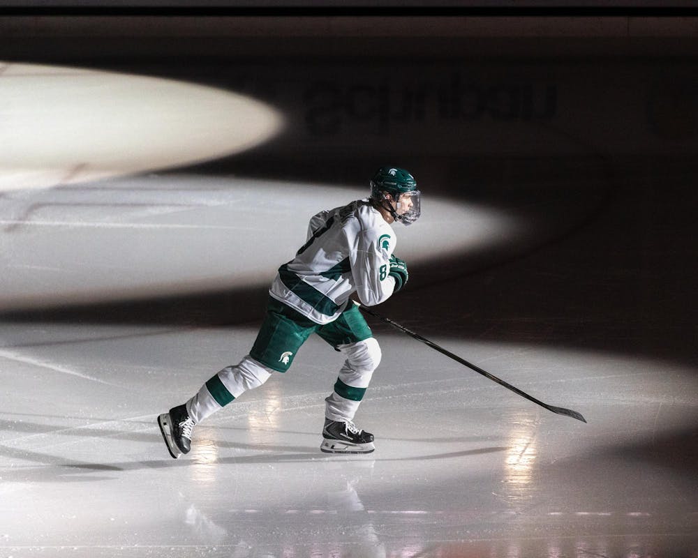 <p>MSU Jr. D, Maxim Štrbák (8), is a part of the starting line in Munn Ice Arena in East Lansing, MI on Jan. 23, 2026.</p>