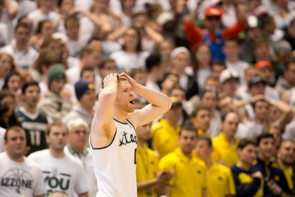 	<p>Junior guard Russell Byrd reacts to a foul called on the Spartans on Jan. 25, 2014, at Breslin Center during the game against Michigan. The Spartans lost to the Wolverines, 80-75. Julia Nagy/The State News</p>