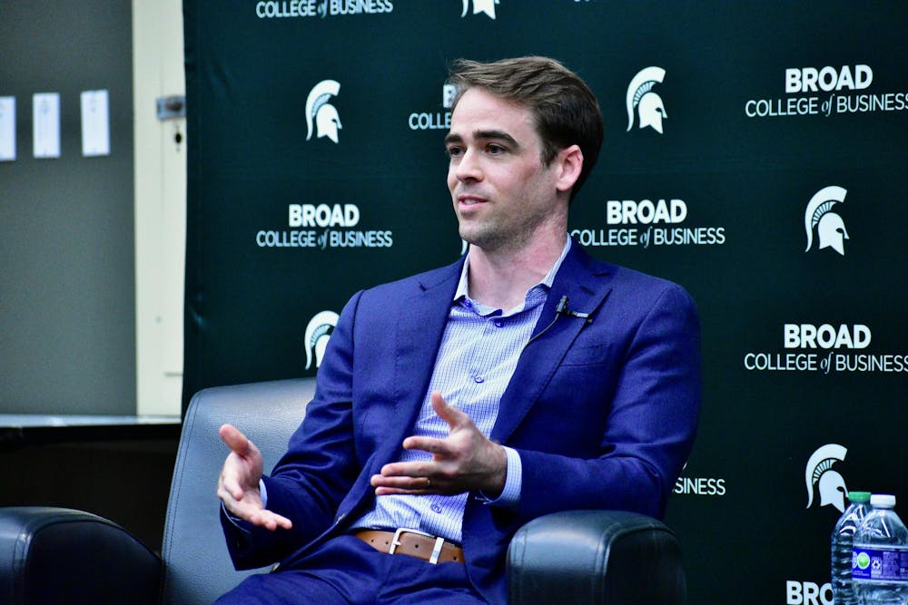 Whistleblower Tyler Schultz answers a question on a panel at the Broad College of Business on Oct. 16, 2023. 
