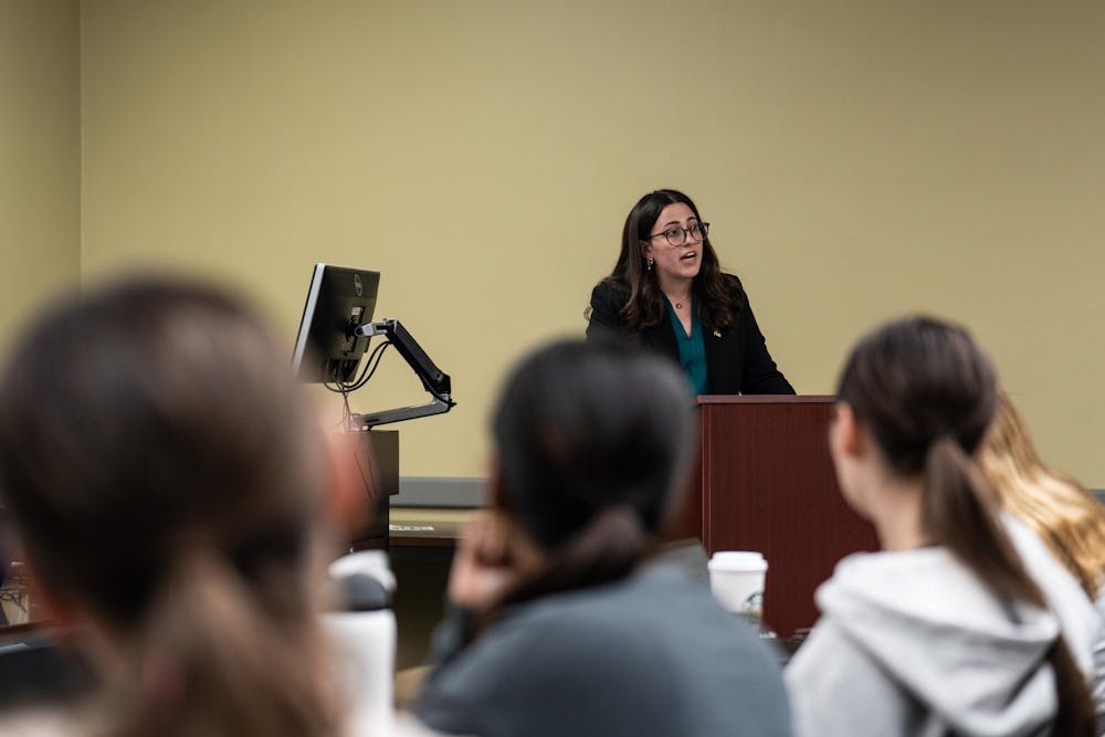 The public listens intently to current Vice President for Internal Administration, Maddie Hanes, to hear her answers to questions during her race for ASMSU President in the Student Affairs & Services building in East Lansing, MI on April 14, 2026.