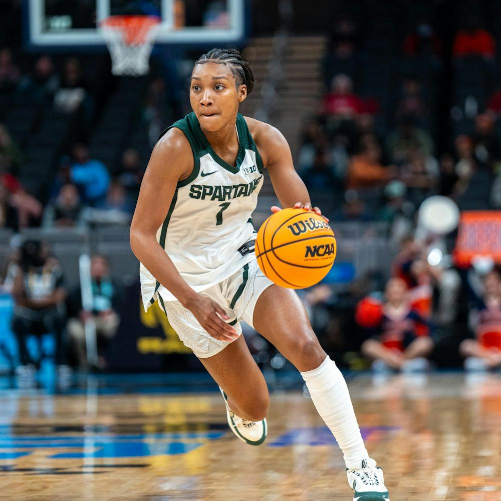 MSU Jr. G, Rashunda Jones (1), dribbles the ball down the court in the Gainbridge Fieldhouse in Indianapolis, IN on March 5, 2026.