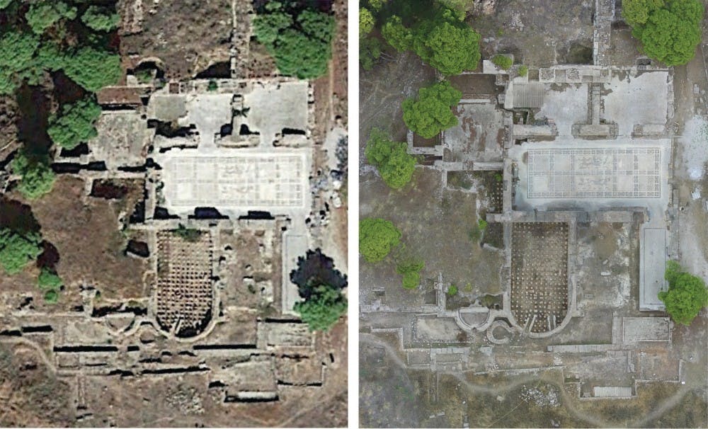 <p>A comparison of the best imagery possible from Google Earth, left, and the image Frey's team was able to create from drone work of ancient sites in Isthmia, Greece. Courtesy of Jon Frey.</p>