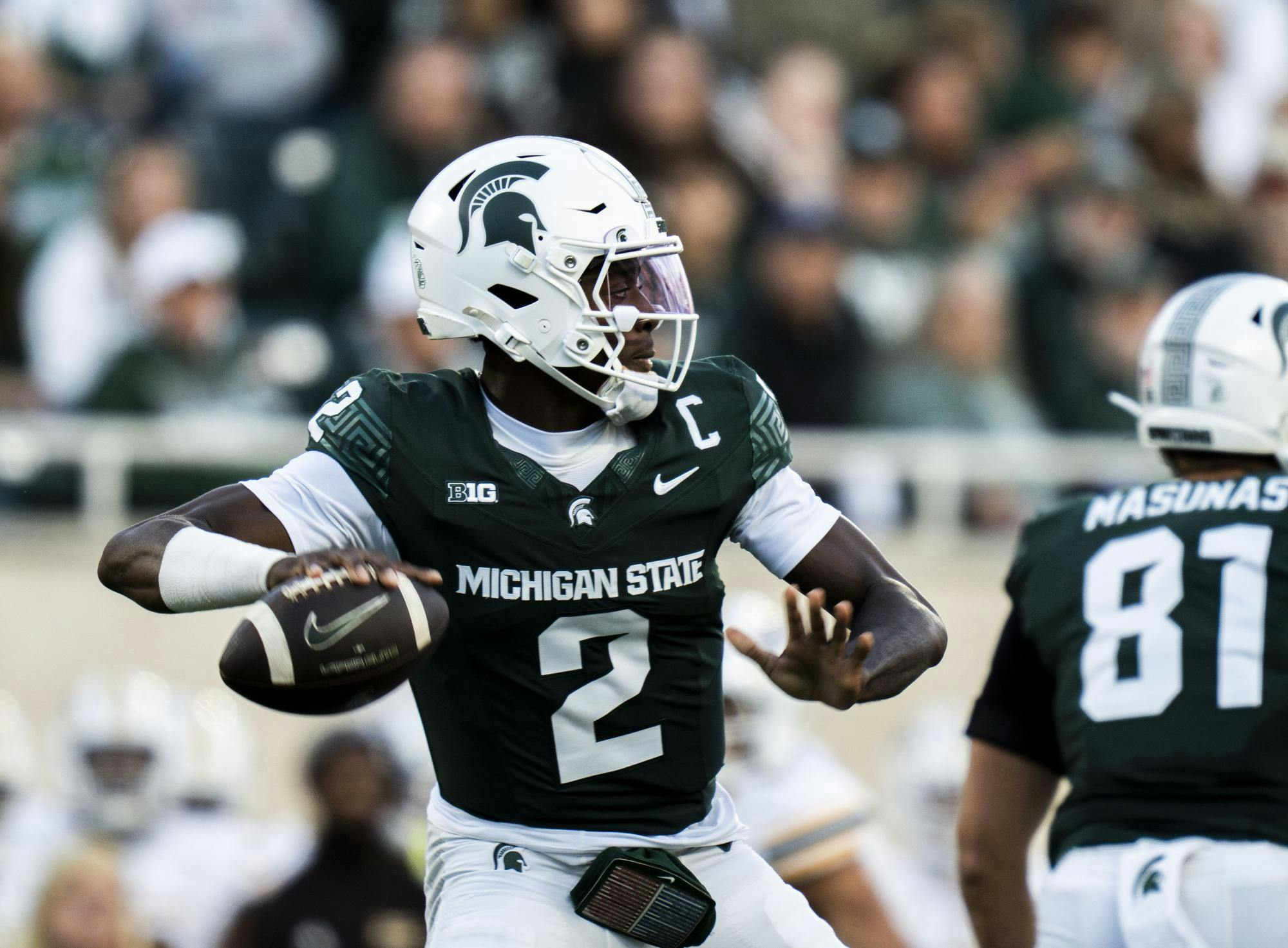 <p>MSU quarterback and junior Aidan Chiles (2) prepares to throw the ball at Spartan Stadium on Aug. 29, 2025.</p>