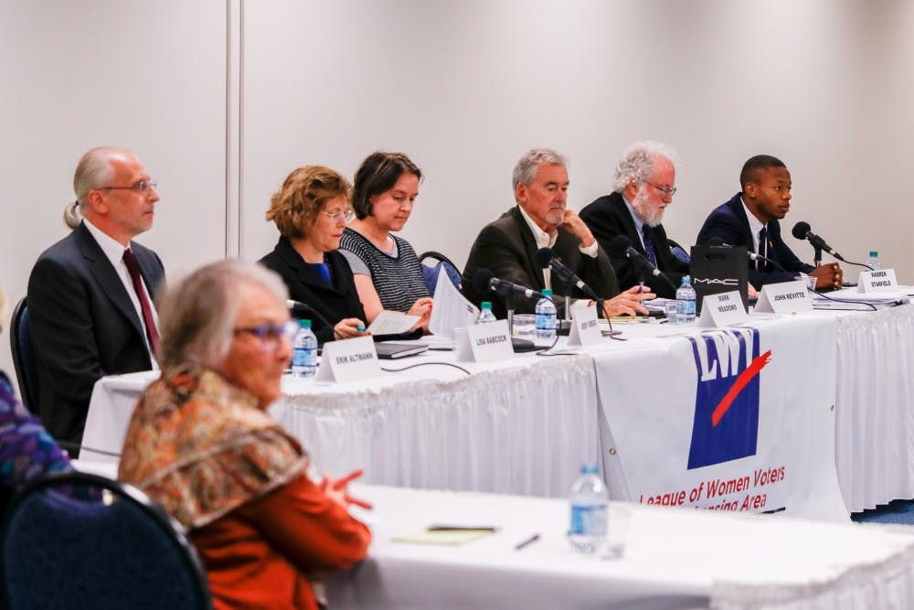 <p>Candidates sit on the panel at the East Lansing City Council Candidate Forum on Oct. 3, 2019.</p>