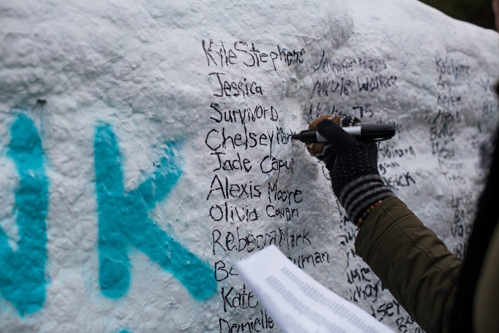 <p>MSU student Hermance Akono writes the survivors names, and the words "Thank You" in the color teal to represent sexual assault awareness on The Rock on Jan. 25, 2018. (Charles Benoit | The State News)</p>