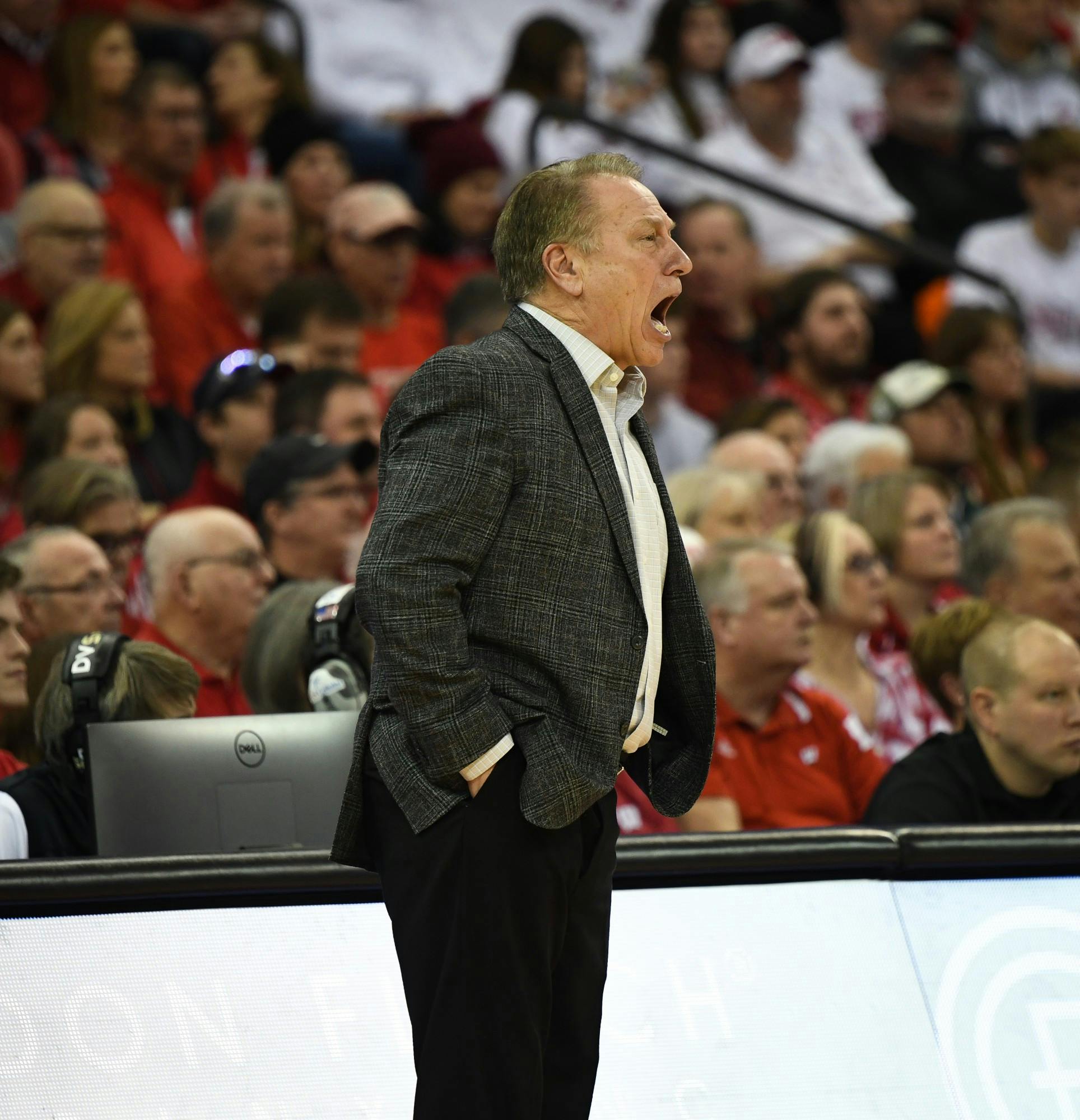 <p>MSU Men&#x27;s Basketball Head Coach Tom Izzo yells at the team during the basketball game against Wisconsin on Feb. 1, 2020 at the Kohl Center in Madison, Wisconsin. The Spartans fell to the Badgers, 63-64.</p>