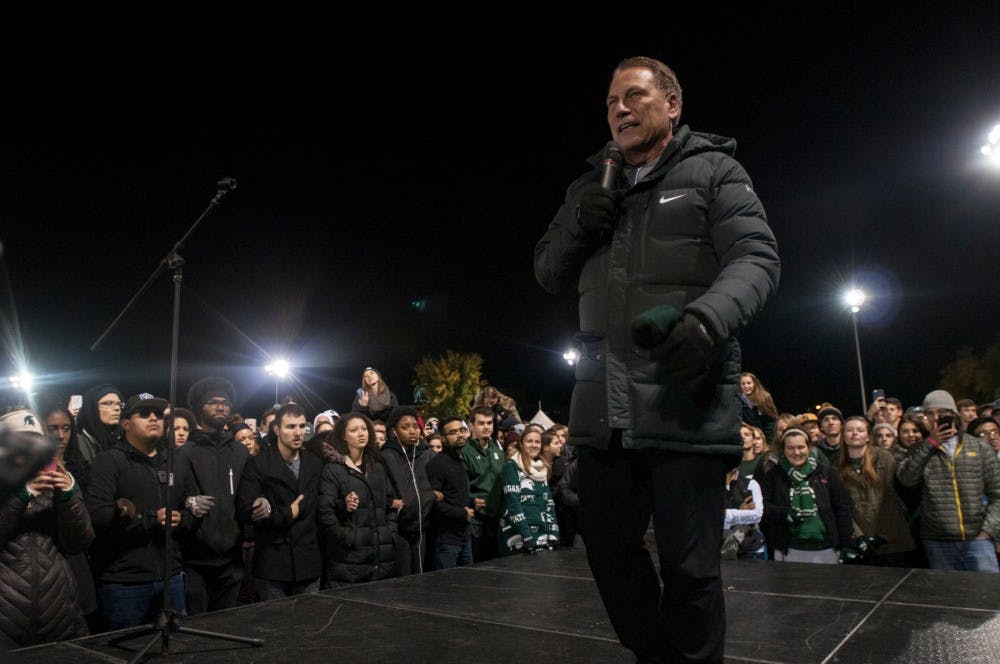 Men's basketball head coach Tom Izzo addresses the crowd during the Izzone Campout on Oct. 21, 2016 at Munn Field. The campout is an annual event where students stay up through the night in hopes of getting lower bowl seating for the upcoming basketball season. 