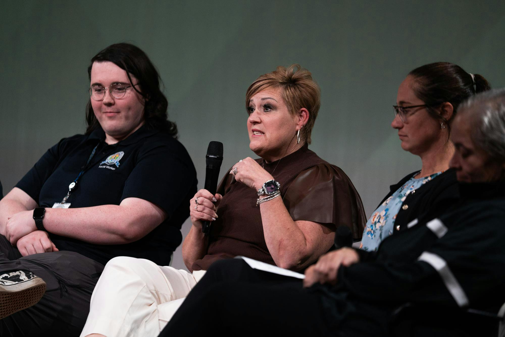 <p>Community mental health authority of Clinton, Eaton and Ingham counties, Christy Granger, speaks during the "Ernie and Joe: Crisis Cops" screening and panel discussion at the Communication Arts and Sciences building in East Lansing, Mich., on Sept. 16, 2026.</p>
