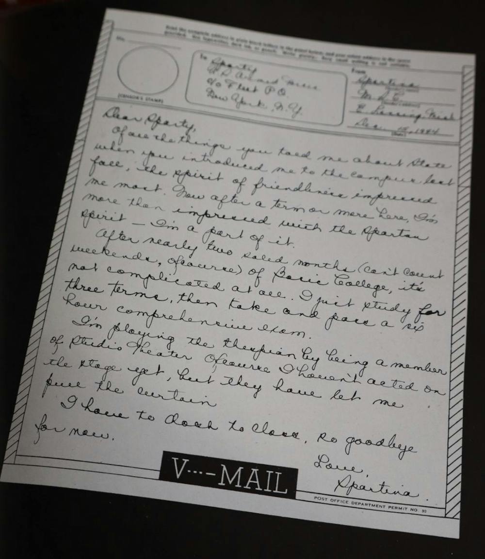 <p>A "V-Mail" letter penned by Spartina to be sent to Sparty overseas. In the letter, she discusses a dorm parade in which they "weren't rendered as many voices as in previous years," due to the war effort.</p>