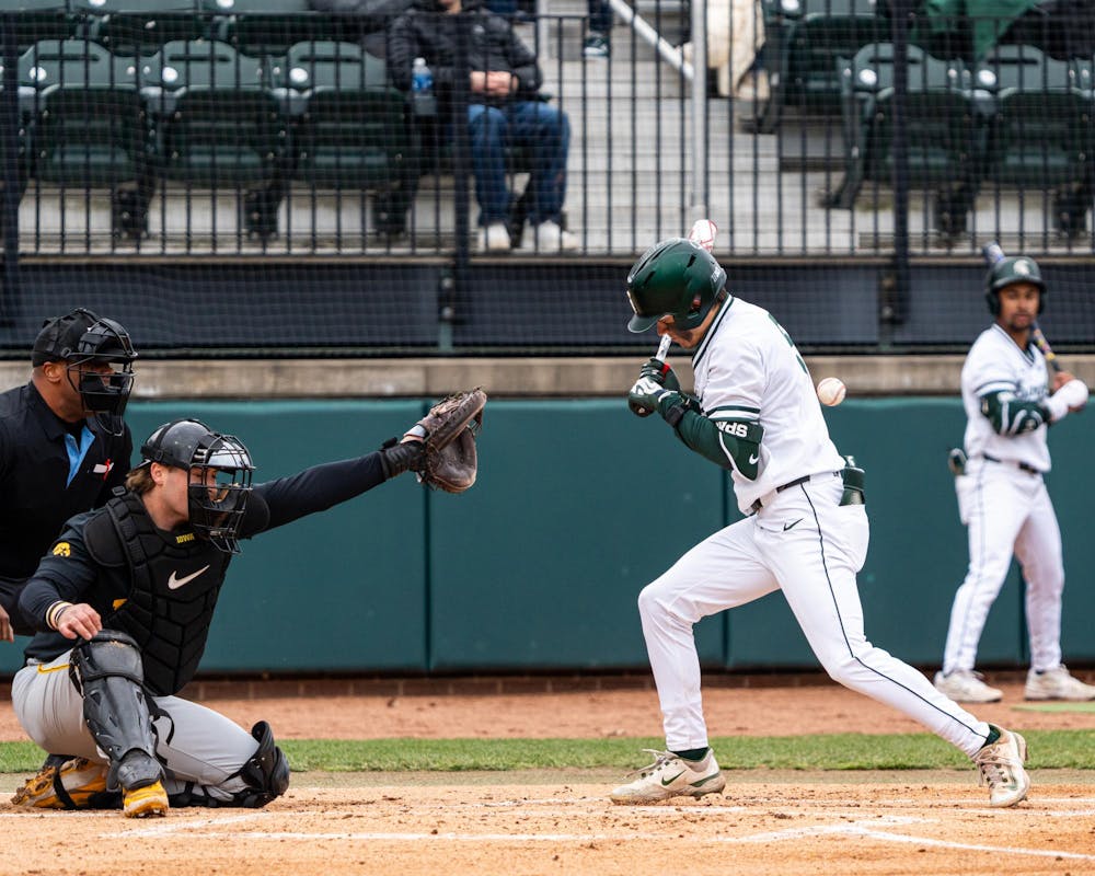 MSU Jr. OF, Trent Rice (5), gets hit by a pitch resulting in a walk in the Jeff Ishbia Field in McLane Stadium in East Lansing, MI on March 21, 2026.