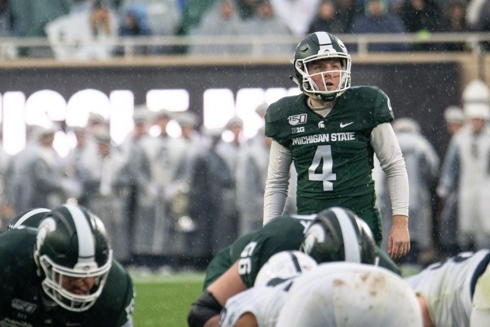 <p>Junior kicker Matt Coghlin (4) lines up a field goal during the game against Penn State Oct. 26, 2019 at Spartan Stadium. The Spartans fell to the Nittany Lions, 28-7.</p>