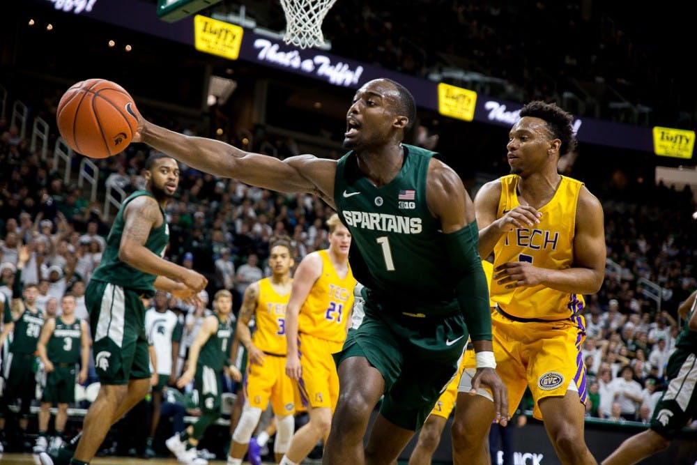 <p>Junior guard Joshua Langford (1) lunges for the ball during the game against Tennessee Tech on Nov. 18, 2018 at the Breslin Center. The Spartans beat the Golden Eagles, 101-33.</p>