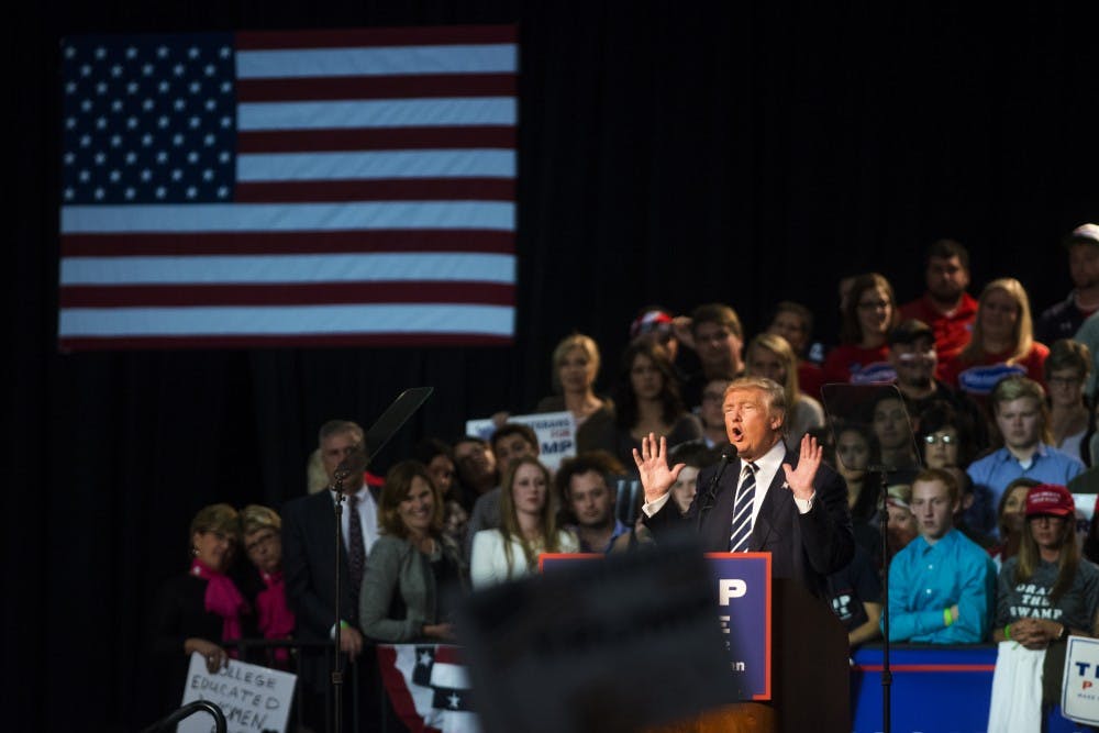 Republican presidential nominee Donald Trump gives a speech on Nov. 7, 2016 at DeVos Place Convention Center in Grand Rapids, Mich. The DeVos Place Convention Center was Trump's last stop for the 2016 election season.