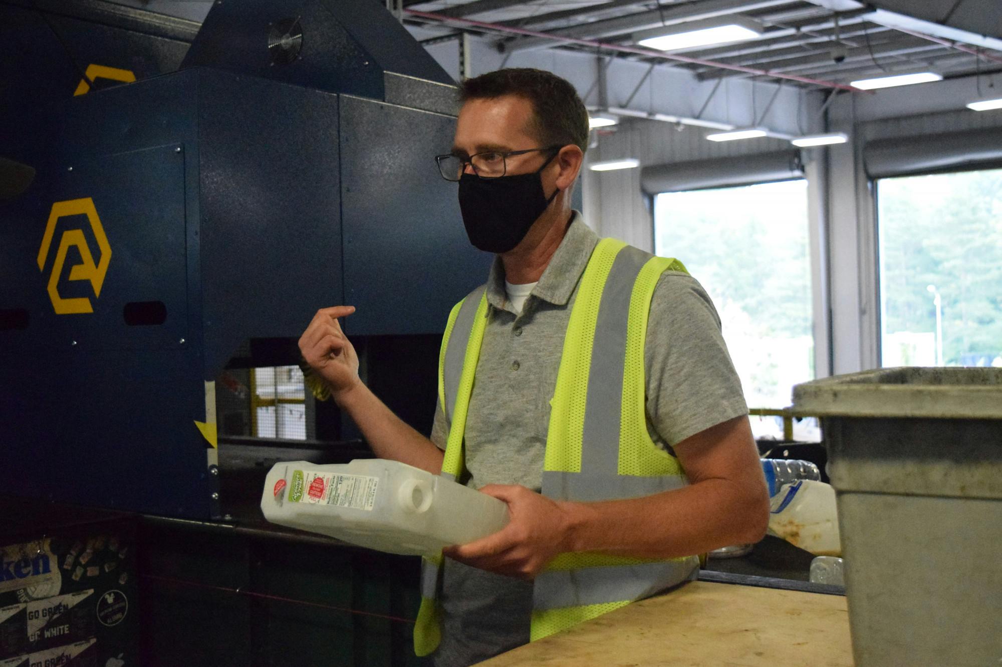 MSU Recycling Coordinator David Smith, explains the new plastic sorter on  Oct.7, 2021. 
