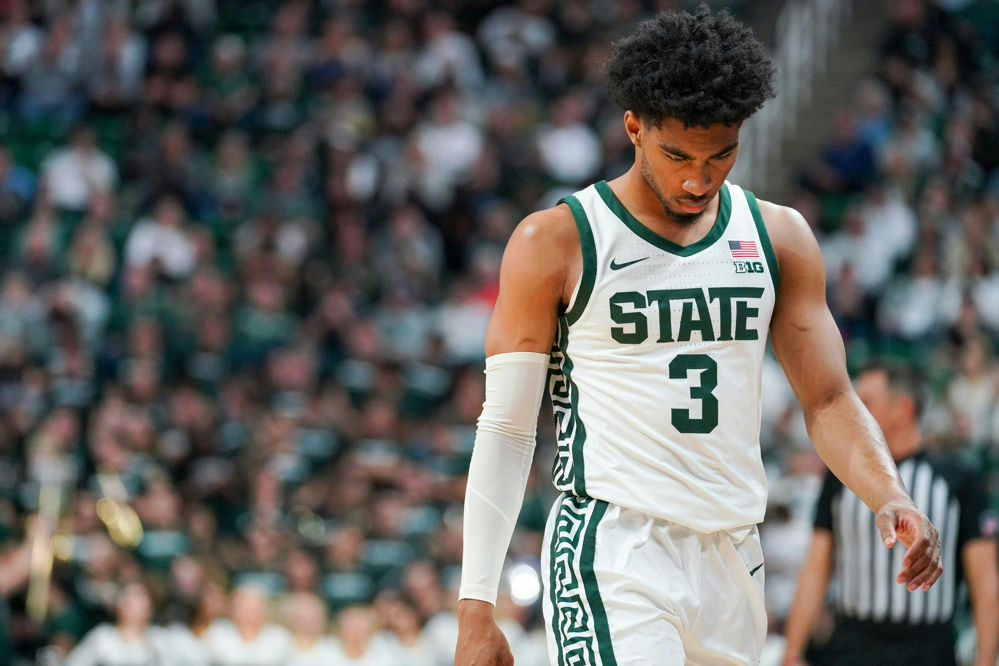 <p>Junior guard Jaden Akins (3) looking focused after coming back out onto the court after halftime of a game against James Madison University at the Breslin Student Events Center on Nov. 6, 2023.</p>