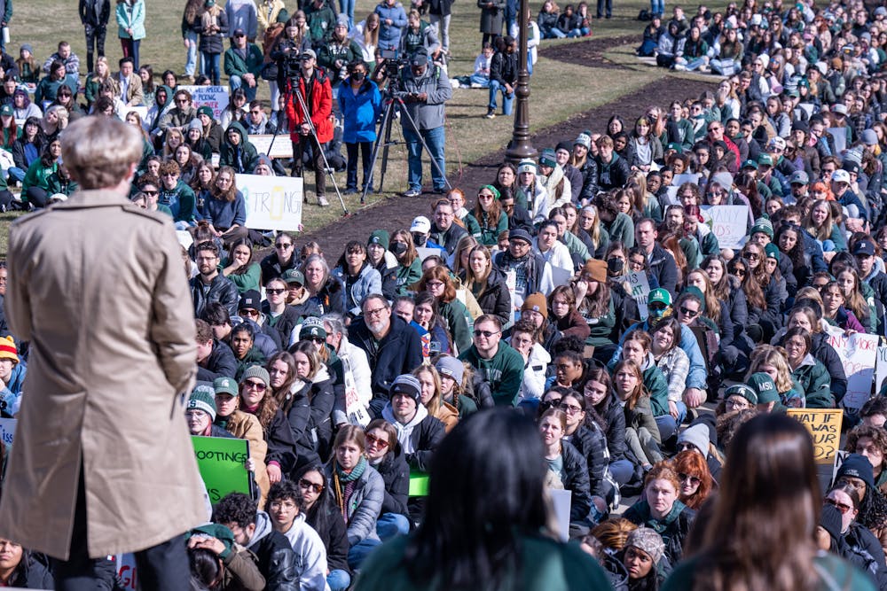 <p>MSU students listen to ASMSU vice president for Internal Administration at the sit-in protest at the Michigan State Capitol in Lansing on Feb. 20, 2023.</p>