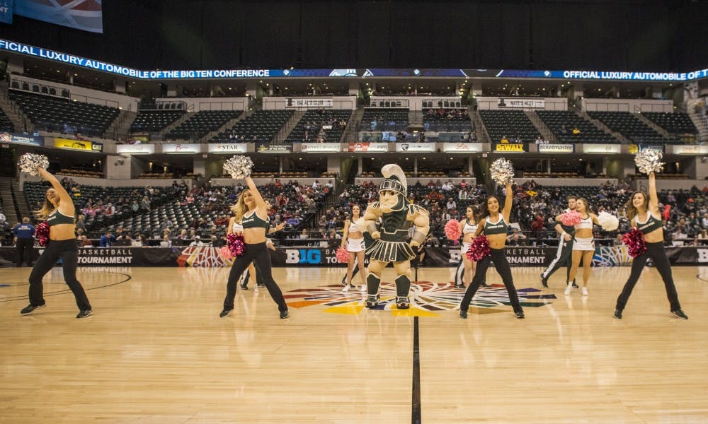 <p>The MSU dance team performs a routine with the MSU cheerleading team during the game against Maryland in the semi-final round of the women&#x27;s Big Ten Tournament on March 4, 2017, at Bankers Life Fieldhouse in Indianapolis. The Terrapins defeated the Spartans, 100-89. </p>