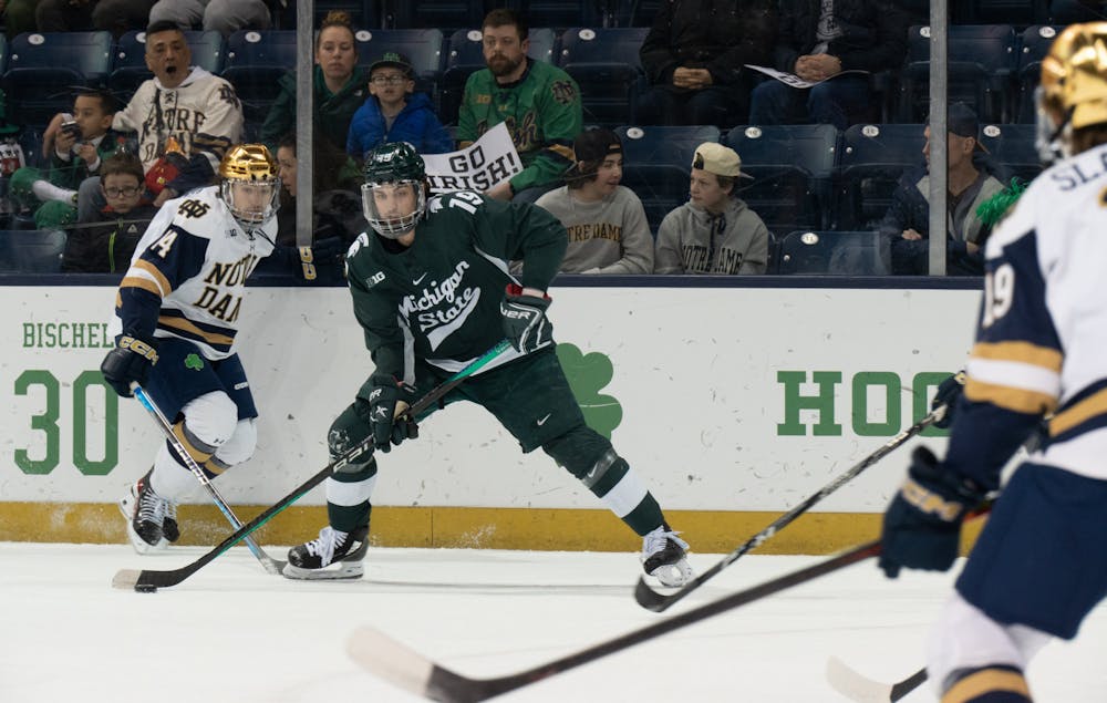 <p>MSU senior forward Nicholas Müller looks to make a play in the offensive end at Compton Family Ice Arena in Notre Dame, IN on Friday, March 3, 2023. Müller recorded 3 shots in the scoreless game for MSU.</p>