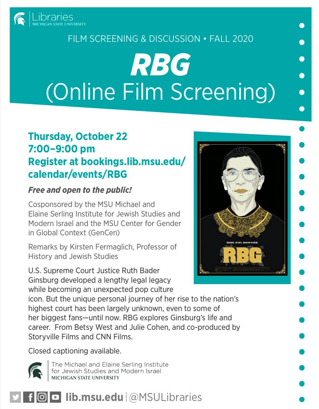 Flyer for RBG film screening on Thursday, Oct. 22 (Photo courtesy of MSU Library).