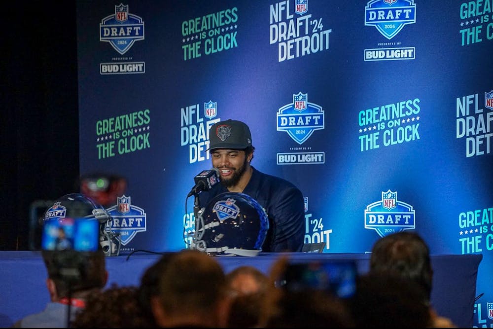 No. 1 overall pick in the 2024 NFL Draft Caleb Williams speaks at a press conference after his pick. Photo courtesy of Aleesa Lueckers of Spartan Sports Report.