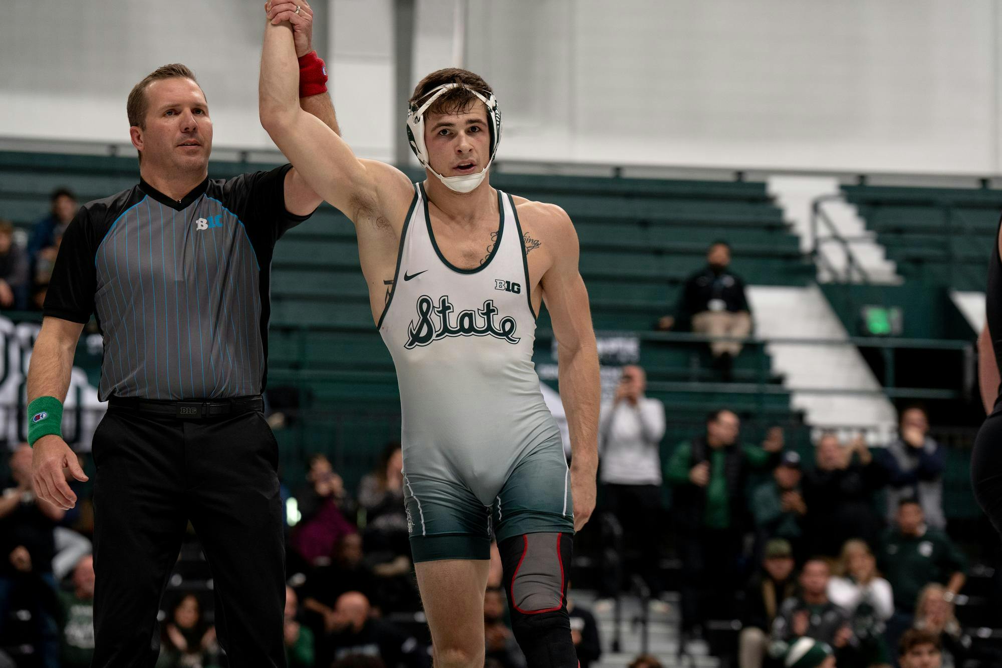 <p>Michigan State No. 19 Layne Malczewski (5-4) celebrates his victory over No. 20 sophomore Brian Soldano (10-4) of Rutgers. Michigan State fell to No. 12 Rutgers 22-13, falling to 0-2 in conference play.</p>