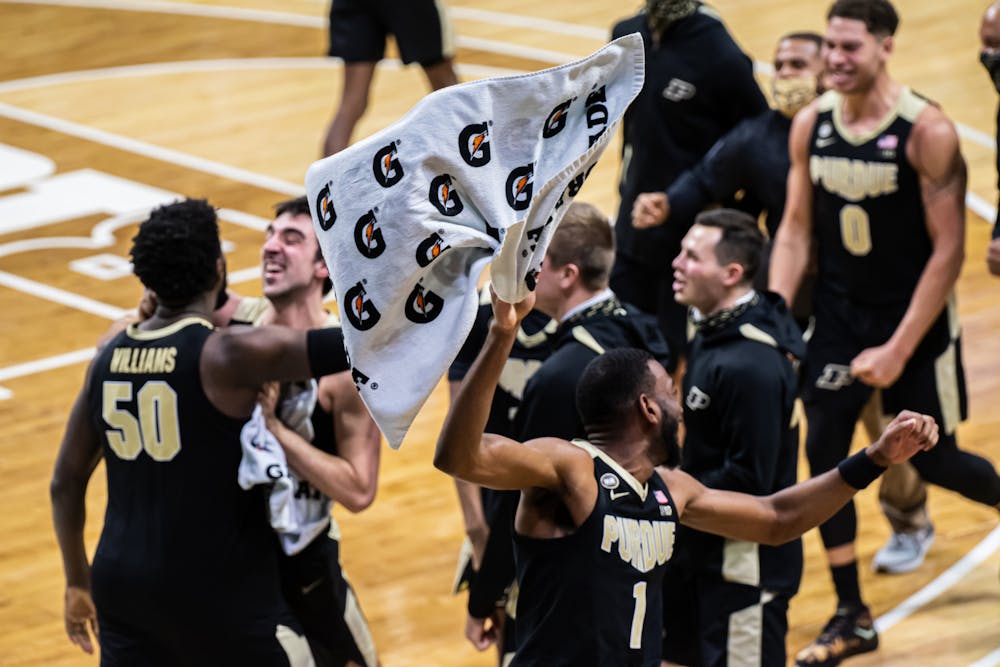 Purdue celebrates their 55-54 win against Michigan State on Jan. 8, 2021.