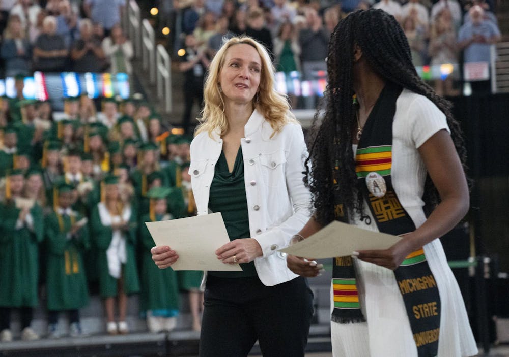 The College of Natural Science honors Alexandria Verner and Arielle Anderson with posthumous degrees accepted by Verner’s god mother and Anderson’s sister on their behalf at the 2023 commencement ceremony on Saturday, May 6, 2023 at the Breslin Center.